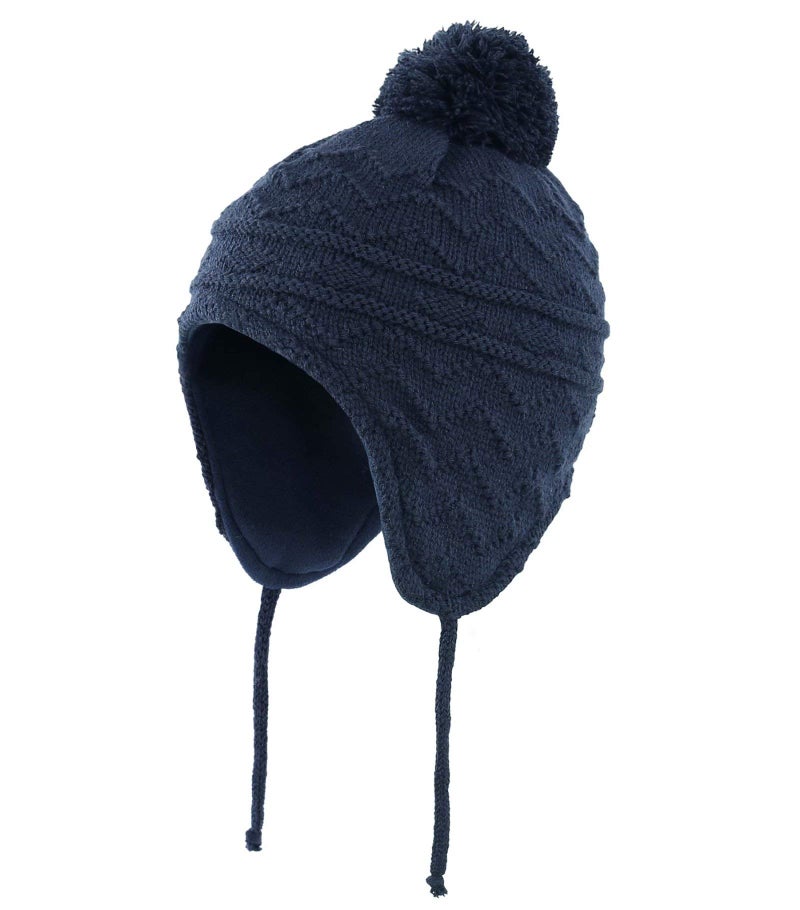 Connectyle Toddler Boys Fleece Lined Knit Kids Hat with Earflap Winter Cap Warm Pompom Beanies Watch Hat M Navy - Image 1